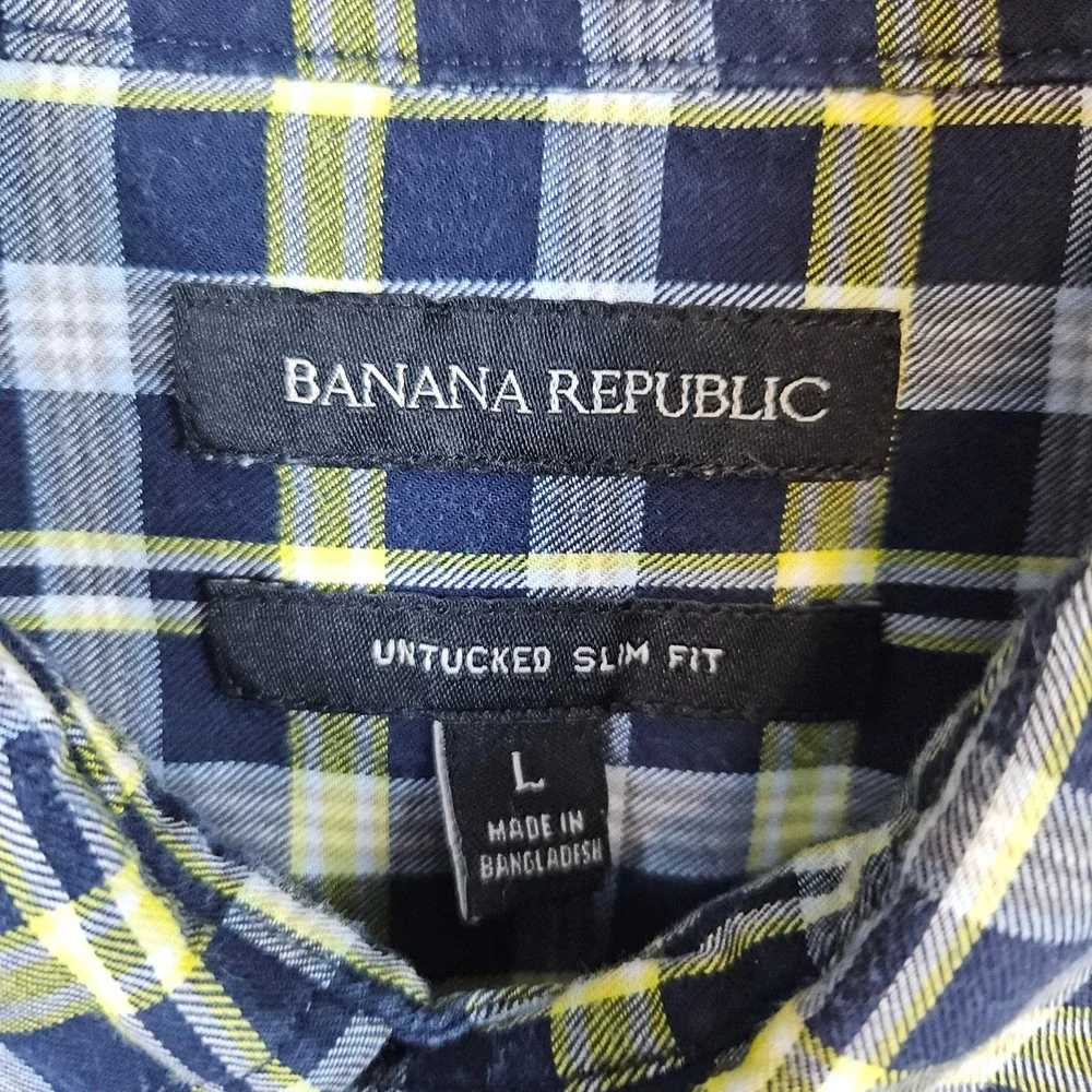 Banana Republic Men's Blue & Yellow Plaid Shirt Size L Untucked Slim‎ Fit Preppy
